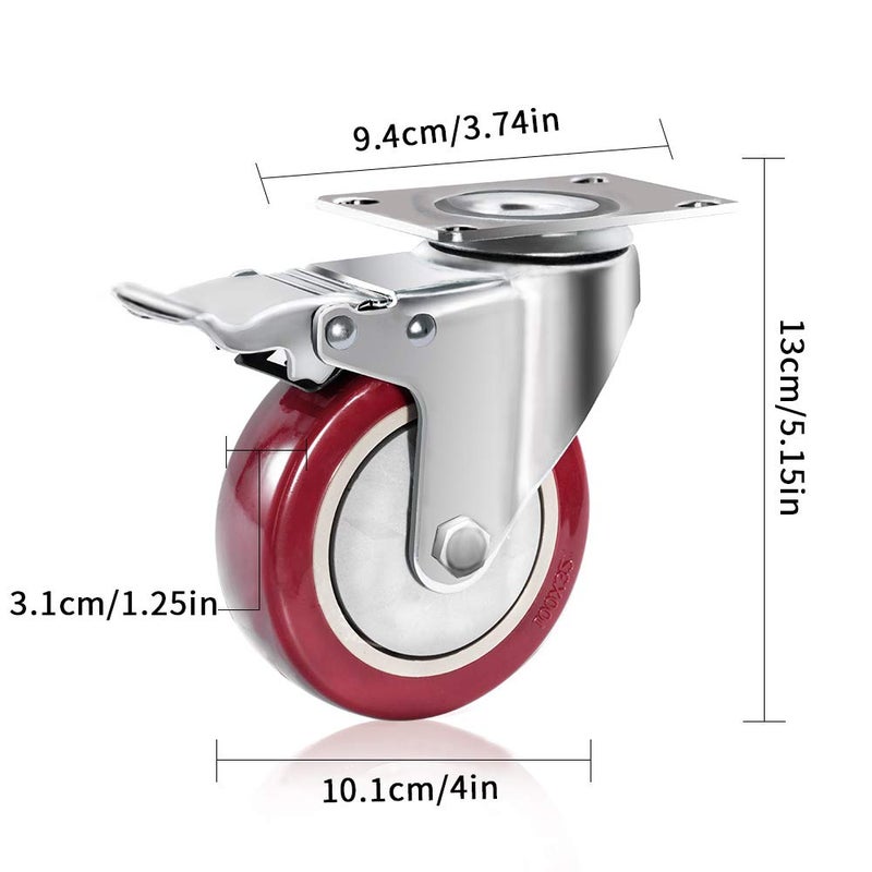 D&L 4 Inch Plate Swivel Castors Wheels 1800lbs Heavy Duty Castors with Brake Polyurethane Dual Locking Casters Set of 4 Red DL-I4-001 - Image 5